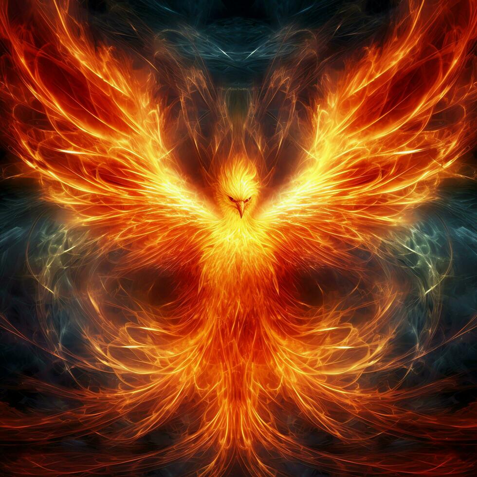 Phoenix bird with outstretched wings rising burning in flames. Epic phoenix bird fire rebirth power concept by AI Generated photo