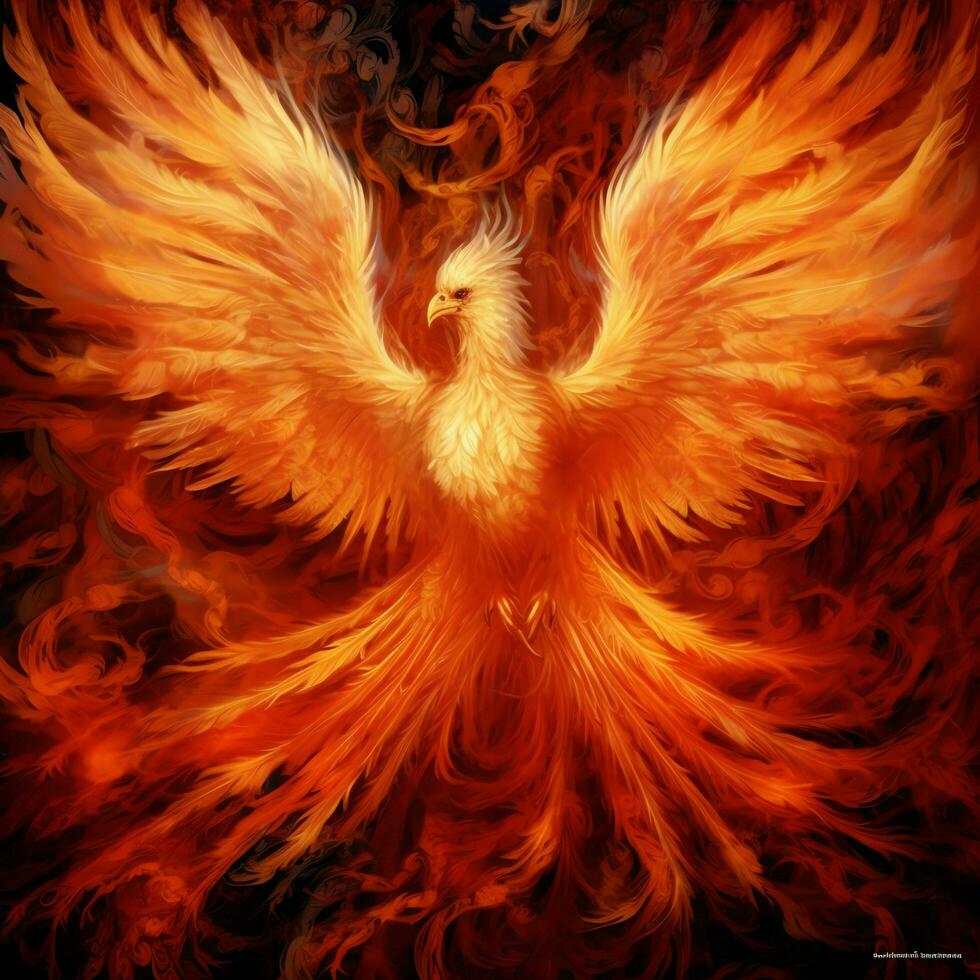 Phoenix bird with outstretched wings rising burning in flames. Epic phoenix bird fire rebirth power concept by AI Generated photo