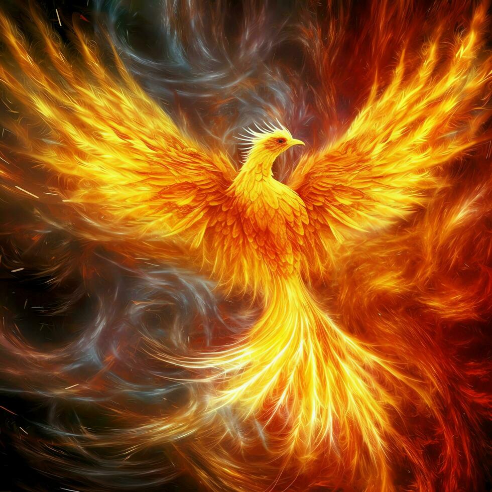 Phoenix bird with outstretched wings rising burning in flames. Epic phoenix bird fire rebirth power concept by AI Generated photo