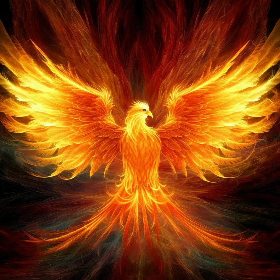 Phoenix bird with outstretched wings rising burning in flames. Epic phoenix bird fire rebirth power concept by AI Generated photo
