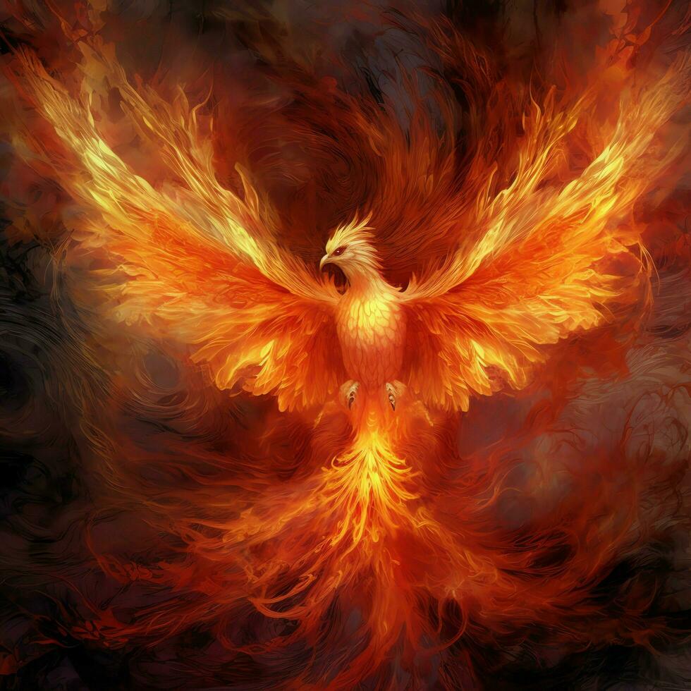 Phoenix bird with outstretched wings rising burning in flames. Epic phoenix bird fire rebirth power concept by AI Generated photo