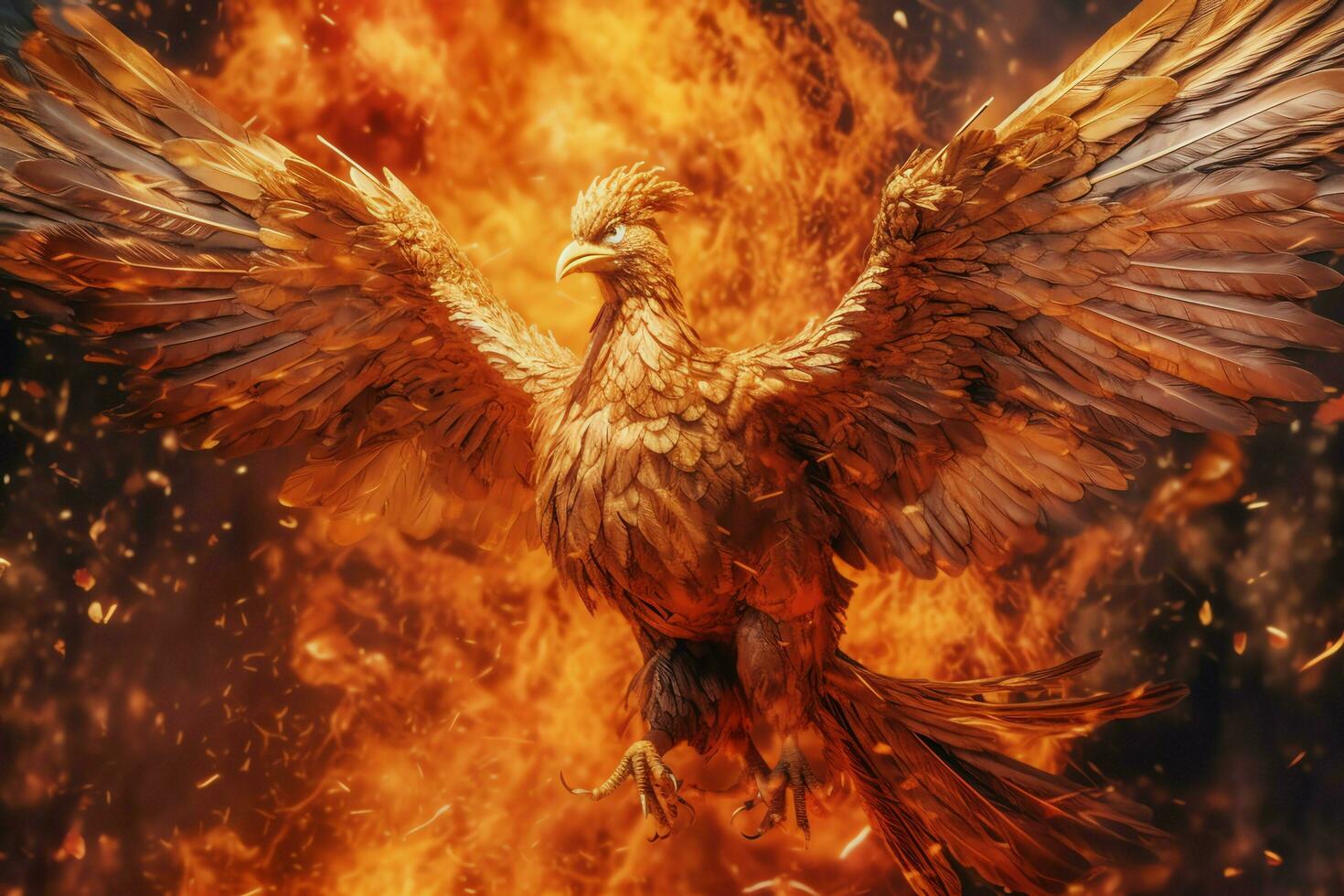 Phoenix bird with outstretched wings rising burning in flames. Epic phoenix bird fire rebirth power concept by AI Generated photo
