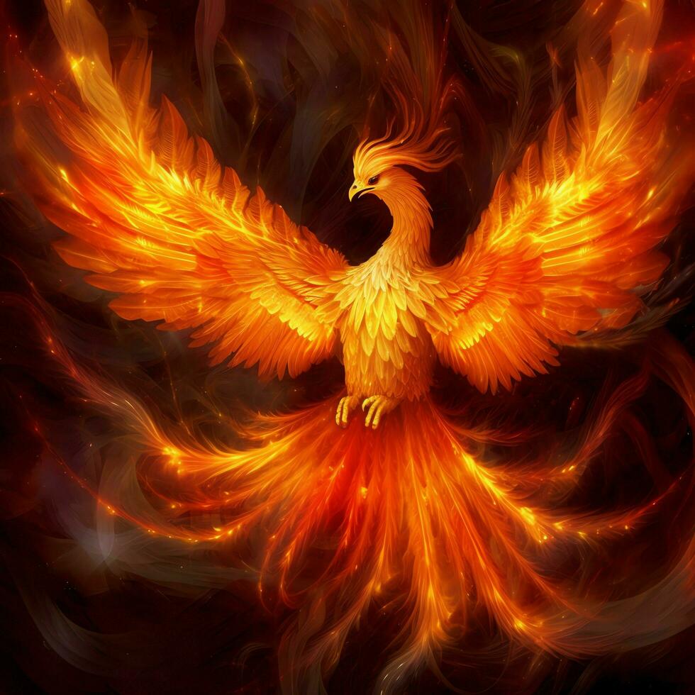 Phoenix bird with outstretched wings rising burning in flames. Epic phoenix bird fire rebirth power concept by AI Generated photo