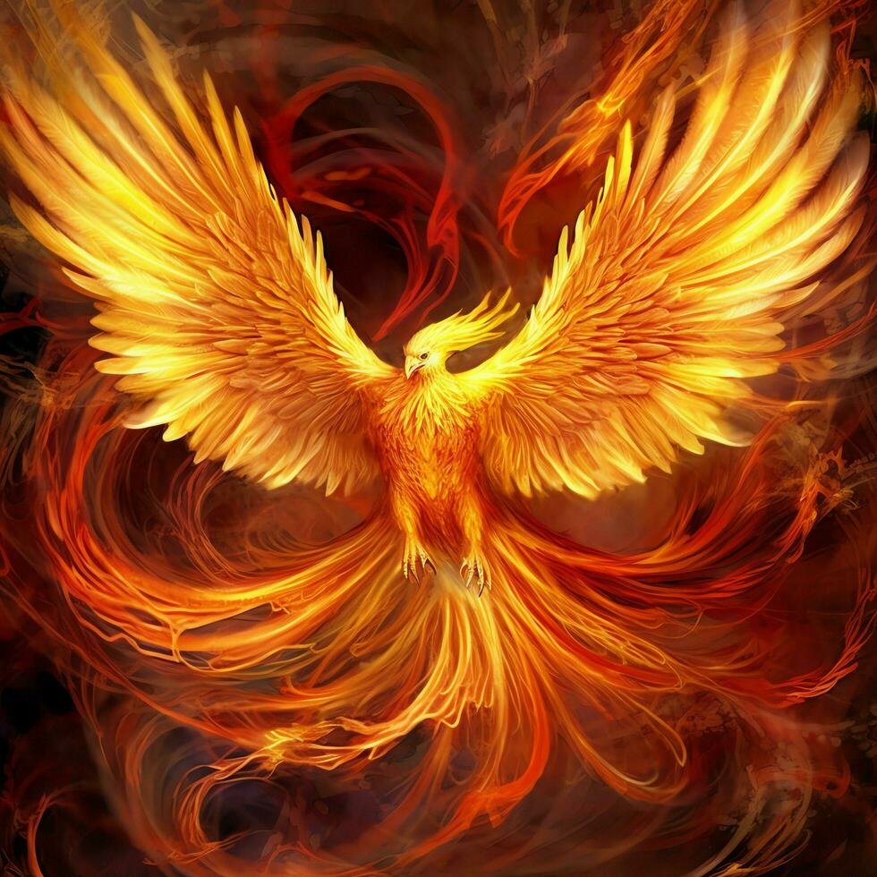 Phoenix bird with outstretched wings rising burning in flames. Epic phoenix bird fire rebirth power concept by AI Generated photo