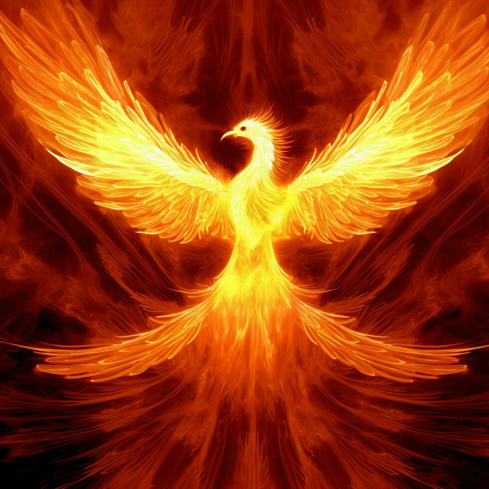 Phoenix bird with outstretched wings rising burning in flames. Epic phoenix bird fire rebirth power concept by AI Generated photo