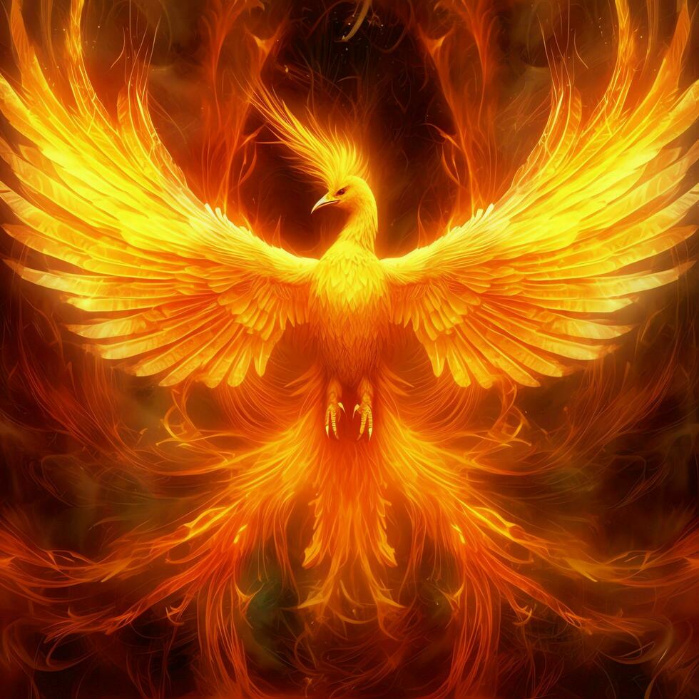 Phoenix bird with outstretched wings rising burning in flames. Epic phoenix bird fire rebirth power concept by AI Generated photo