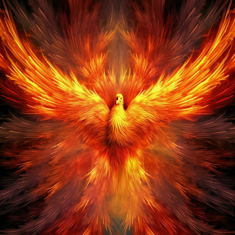 Phoenix bird with outstretched wings rising burning in flames. Epic phoenix bird fire rebirth power concept by AI Generated photo