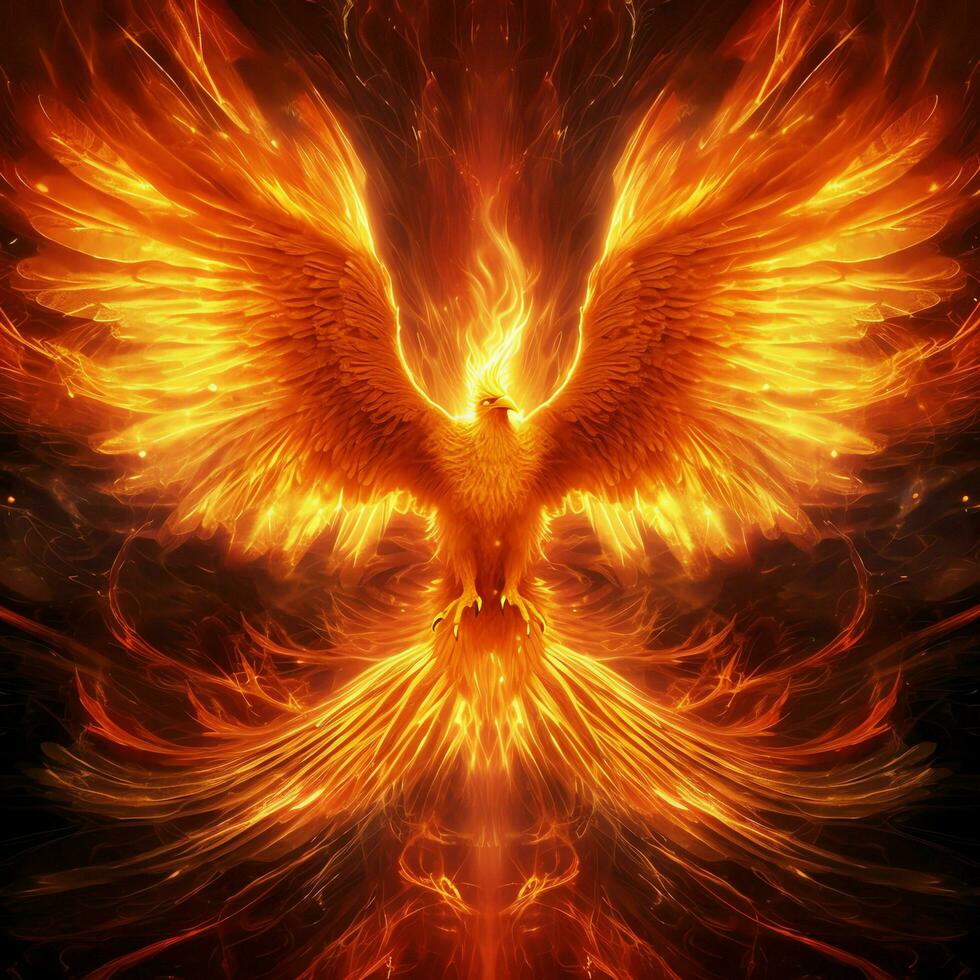 Phoenix bird with outstretched wings rising burning in flames. Epic phoenix bird fire rebirth power concept by AI Generated photo