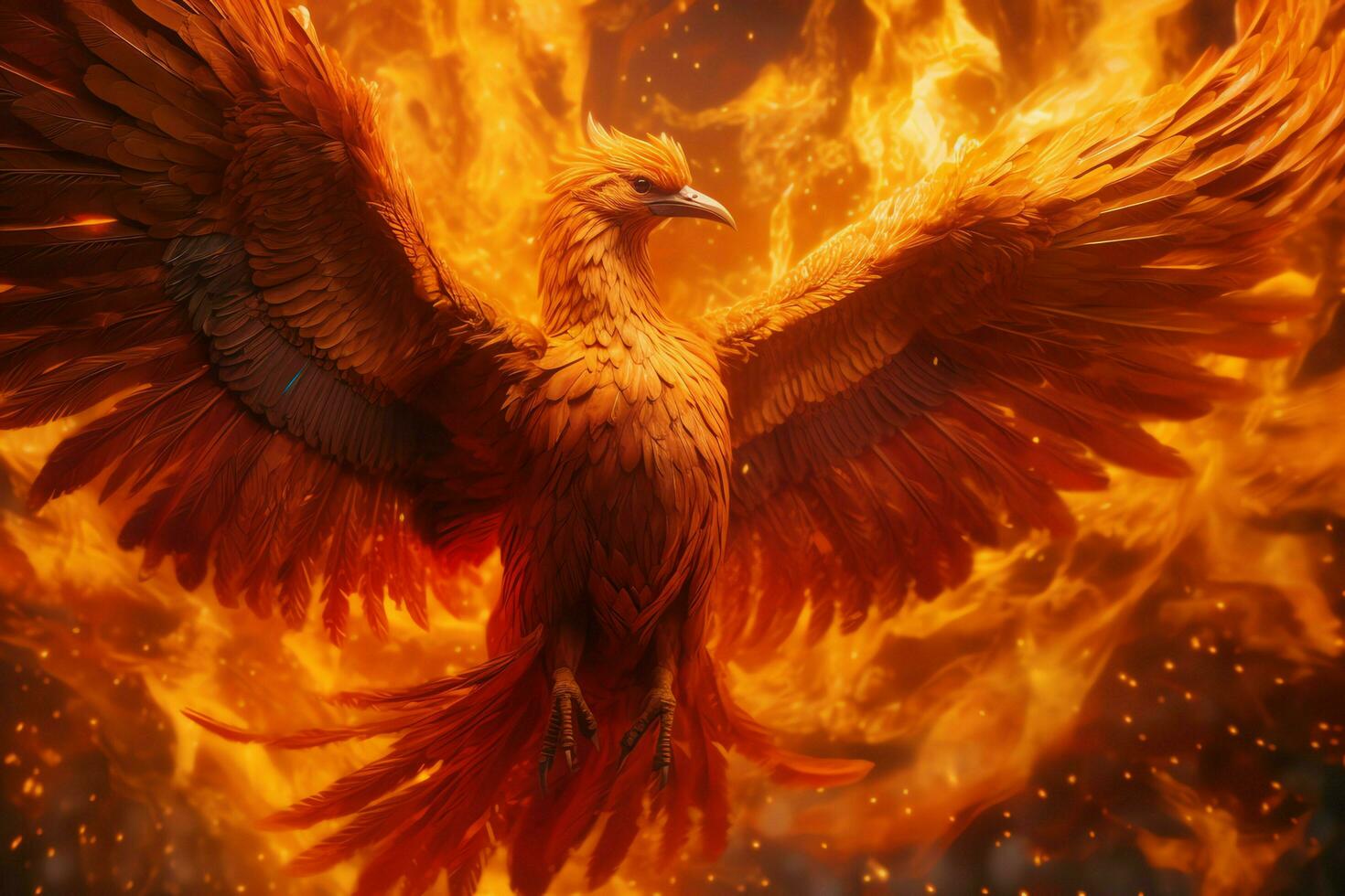 Phoenix bird with outstretched wings rising burning in flames. Epic phoenix bird fire rebirth power concept by AI Generated photo