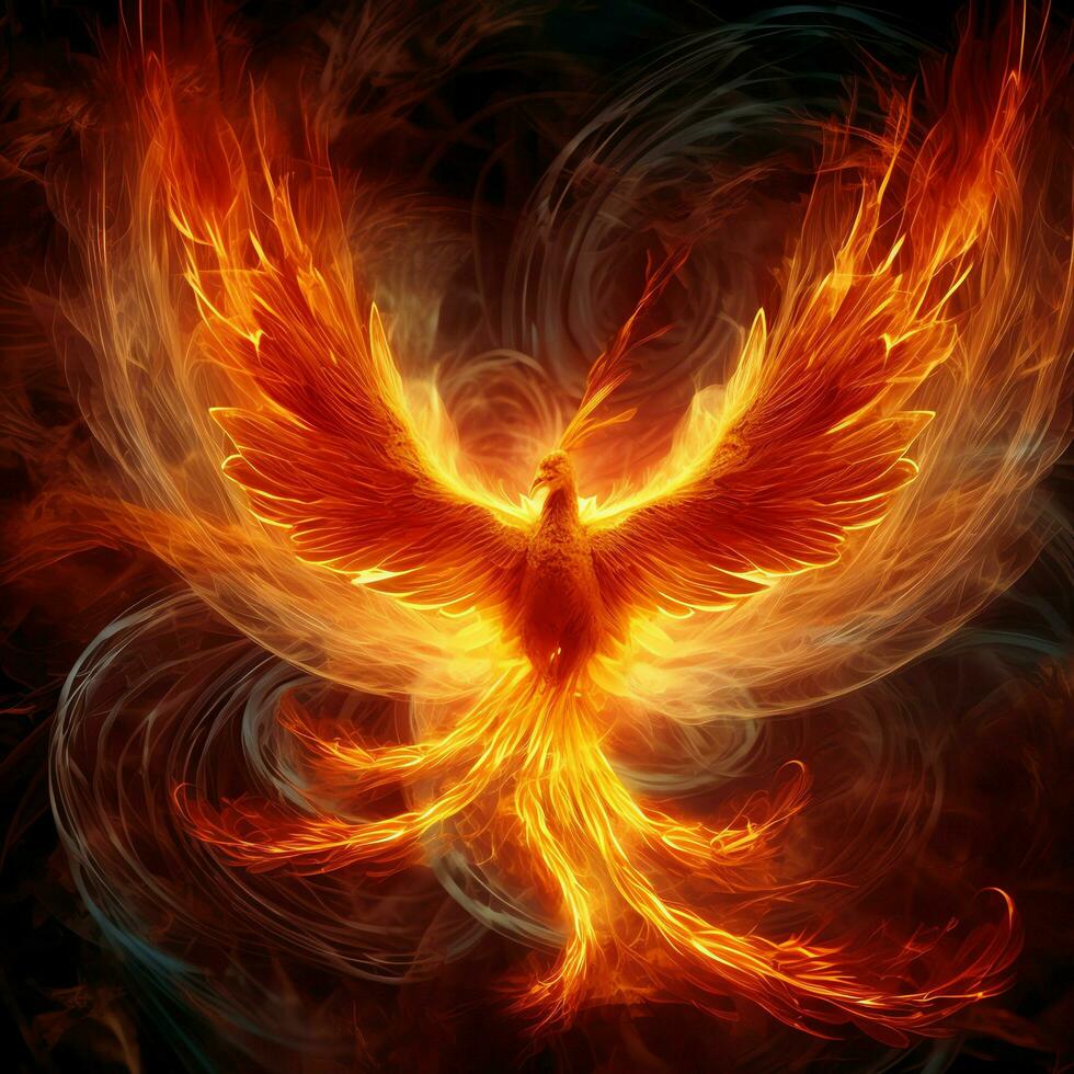 Phoenix bird with outstretched wings rising burning in flames. Epic phoenix bird fire rebirth power concept by AI Generated photo