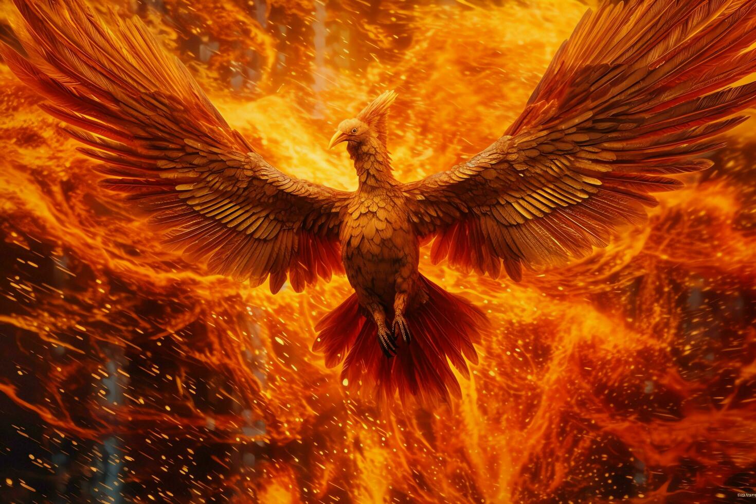 Phoenix bird with outstretched wings rising burning in flames. Epic phoenix bird fire rebirth power concept by AI Generated photo