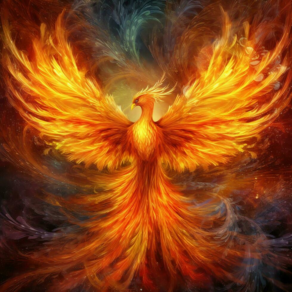 Phoenix bird with outstretched wings rising burning in flames. Epic phoenix bird fire rebirth power concept by AI Generated photo