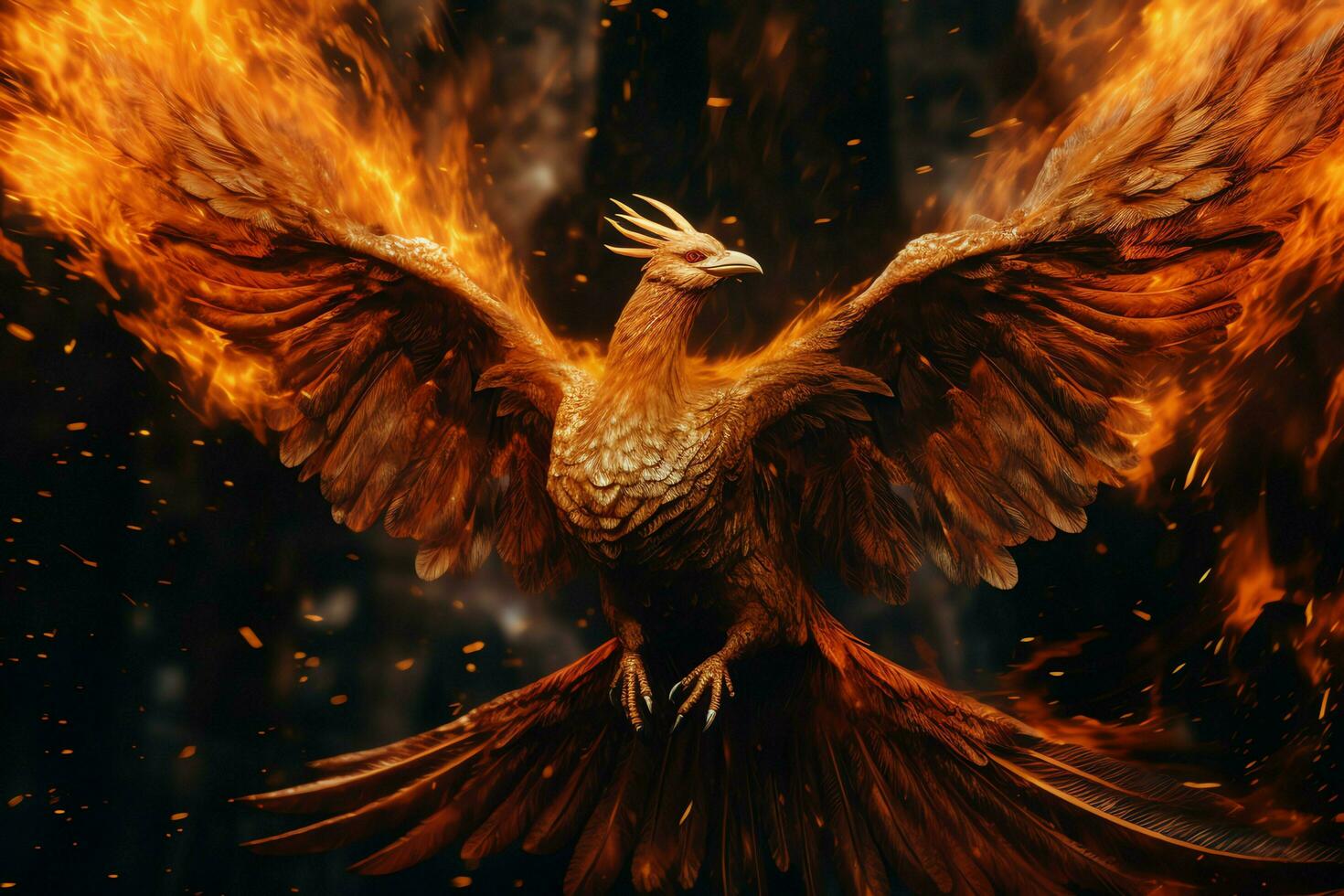 Phoenix bird with outstretched wings rising burning in flames. Epic phoenix bird fire rebirth power concept by AI Generated photo