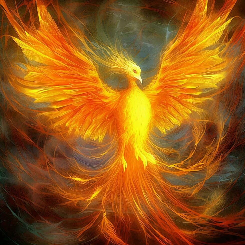 Phoenix bird with outstretched wings rising burning in flames. Epic phoenix bird fire rebirth power concept by AI Generated photo