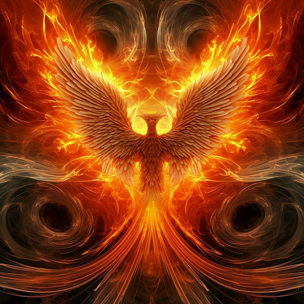Phoenix bird with outstretched wings rising burning in flames. Epic phoenix bird fire rebirth power concept by AI Generated photo