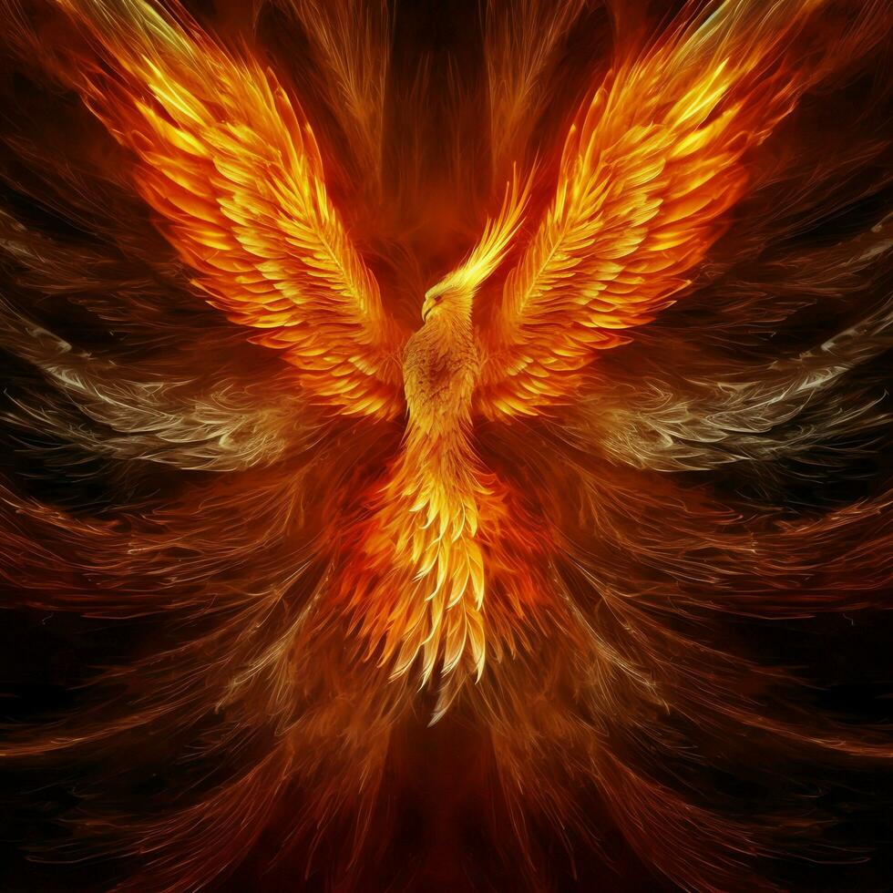 Phoenix bird with outstretched wings rising burning in flames. Epic phoenix bird fire rebirth power concept by AI Generated photo
