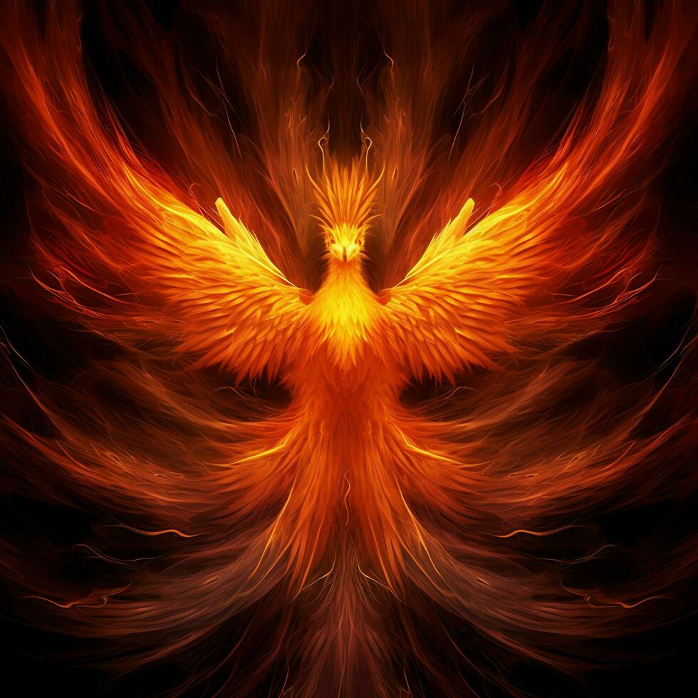 Phoenix bird with outstretched wings rising burning in flames. Epic phoenix bird fire rebirth power concept by AI Generated photo