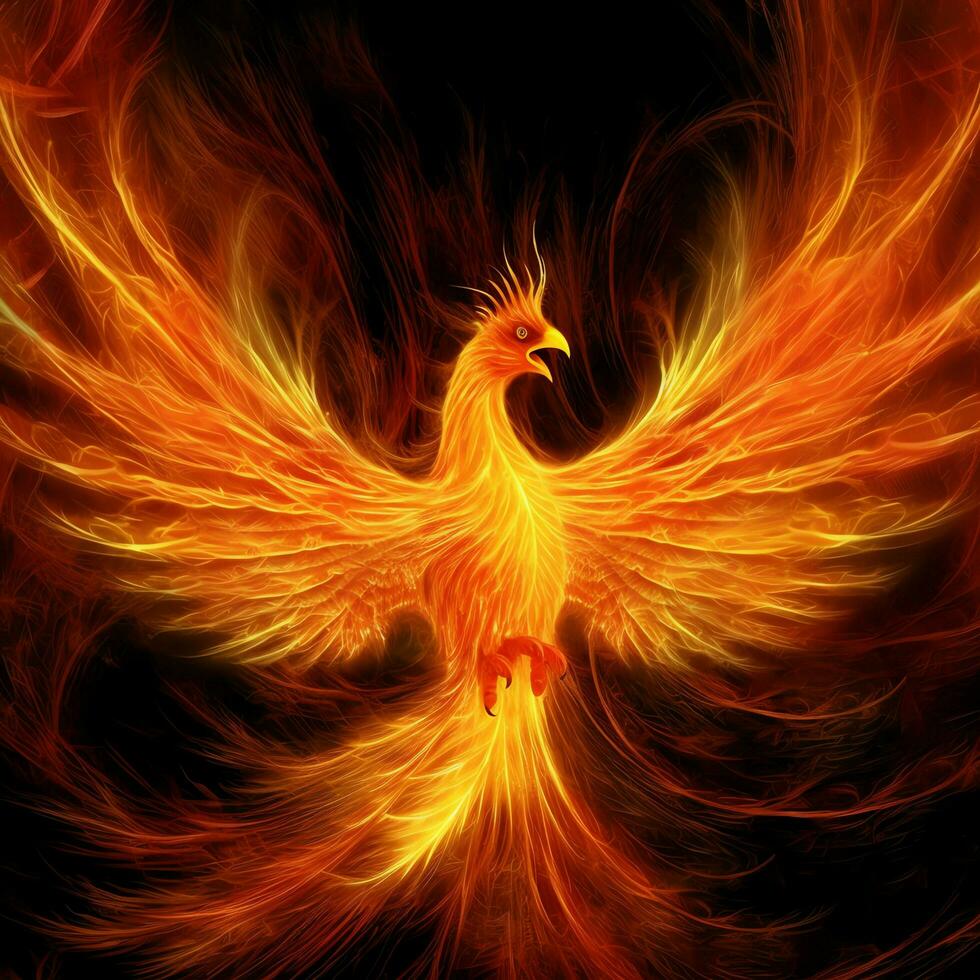 Phoenix bird with outstretched wings rising burning in flames. Epic phoenix bird fire rebirth power concept by AI Generated photo