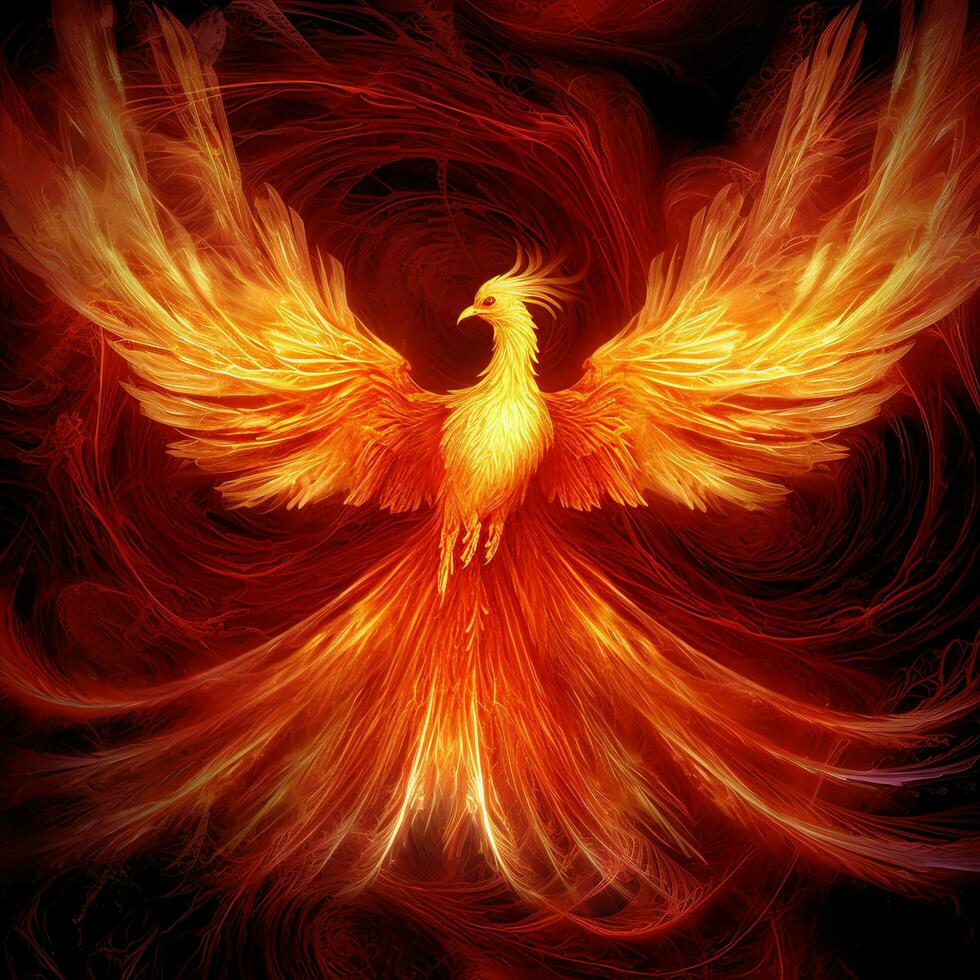 Phoenix bird with outstretched wings rising burning in flames. Epic phoenix bird fire rebirth power concept by AI Generated photo