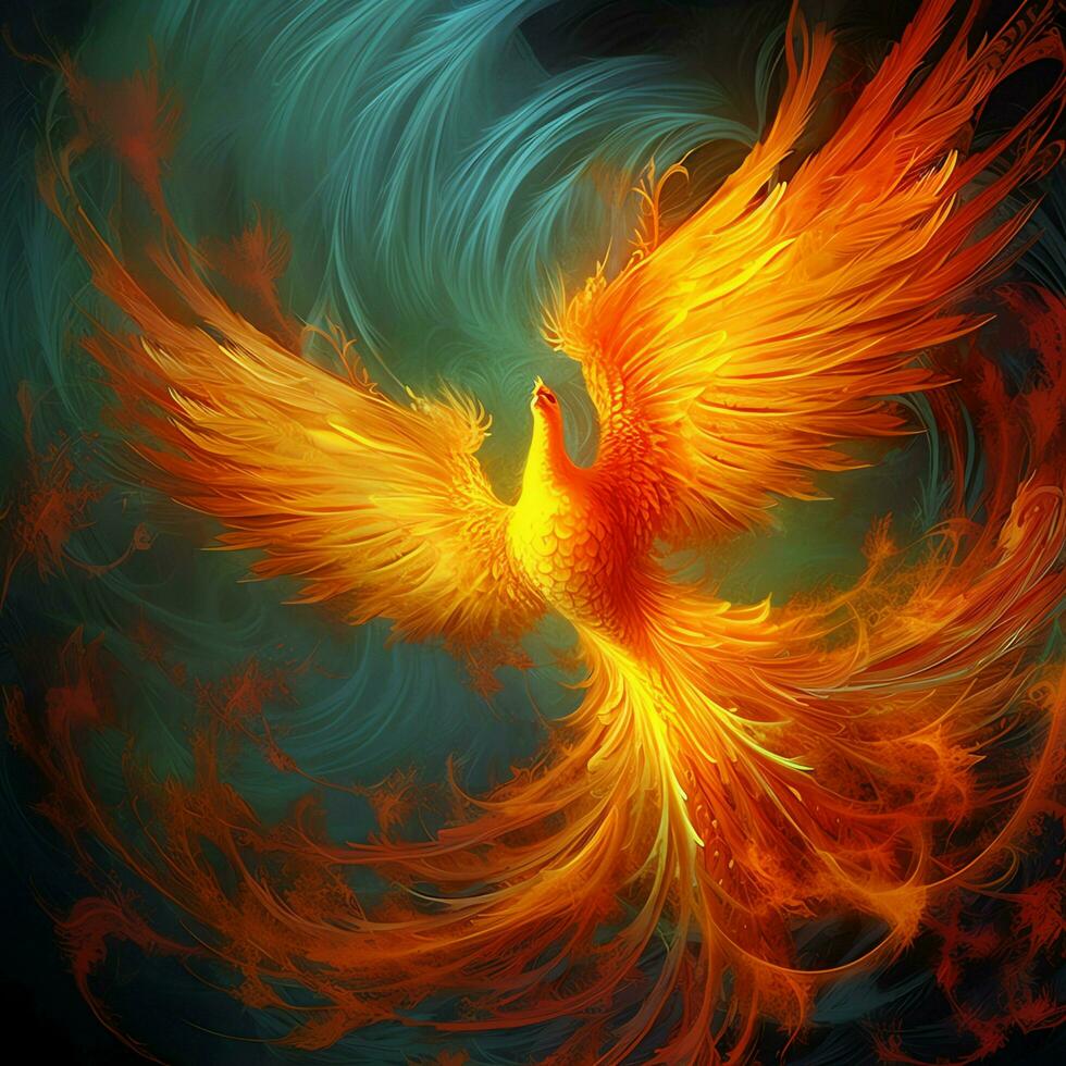 Phoenix bird with outstretched wings rising burning in flames. Epic phoenix bird fire rebirth power concept by AI Generated photo