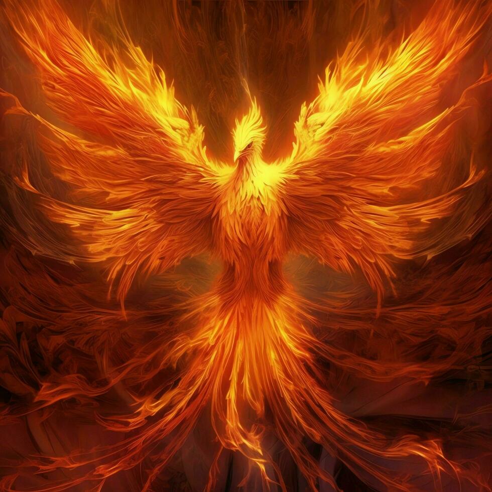 Phoenix bird with outstretched wings rising burning in flames. Epic phoenix bird fire rebirth power concept by AI Generated photo