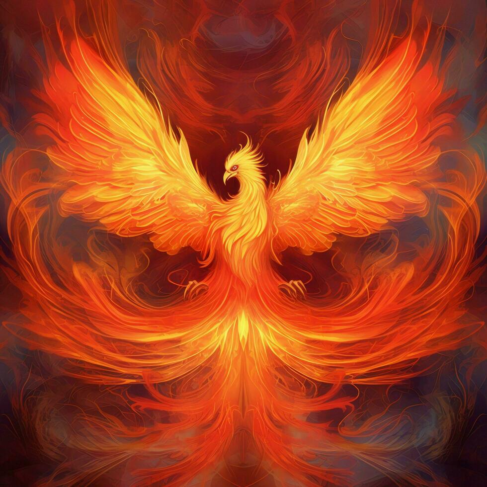 Phoenix bird with outstretched wings rising burning in flames. Epic phoenix bird fire rebirth power concept by AI Generated photo