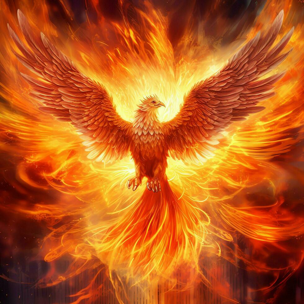 Phoenix bird with outstretched wings rising burning in flames. Epic phoenix bird fire rebirth power concept by AI Generated photo