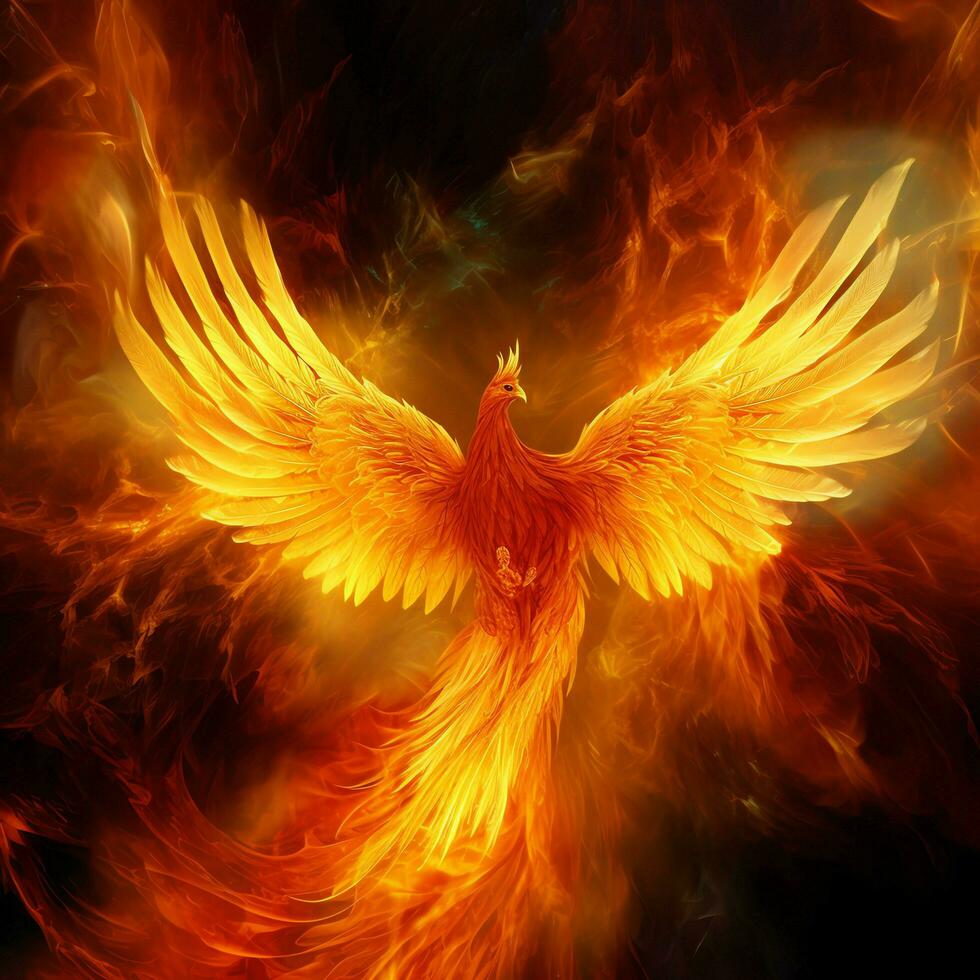 Phoenix bird with outstretched wings rising burning in flames. Epic phoenix bird fire rebirth power concept by AI Generated photo