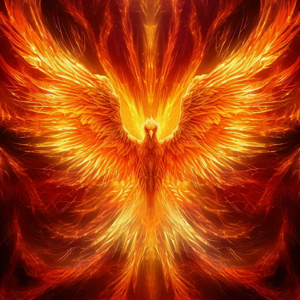 Phoenix bird with outstretched wings rising burning in flames. Epic phoenix bird fire rebirth power concept by AI Generated photo