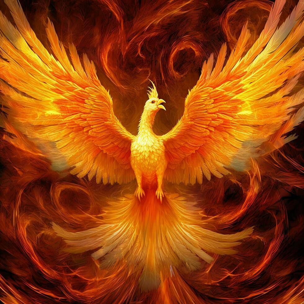 Phoenix bird with outstretched wings rising burning in flames. Epic phoenix bird fire rebirth power concept by AI Generated photo