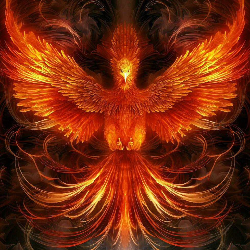 Phoenix bird with outstretched wings rising burning in flames. Epic phoenix bird fire rebirth power concept by AI Generated photo