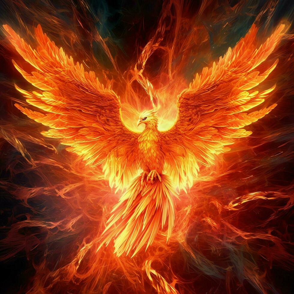 Phoenix bird with outstretched wings rising burning in flames. Epic phoenix bird fire rebirth power concept by AI Generated photo