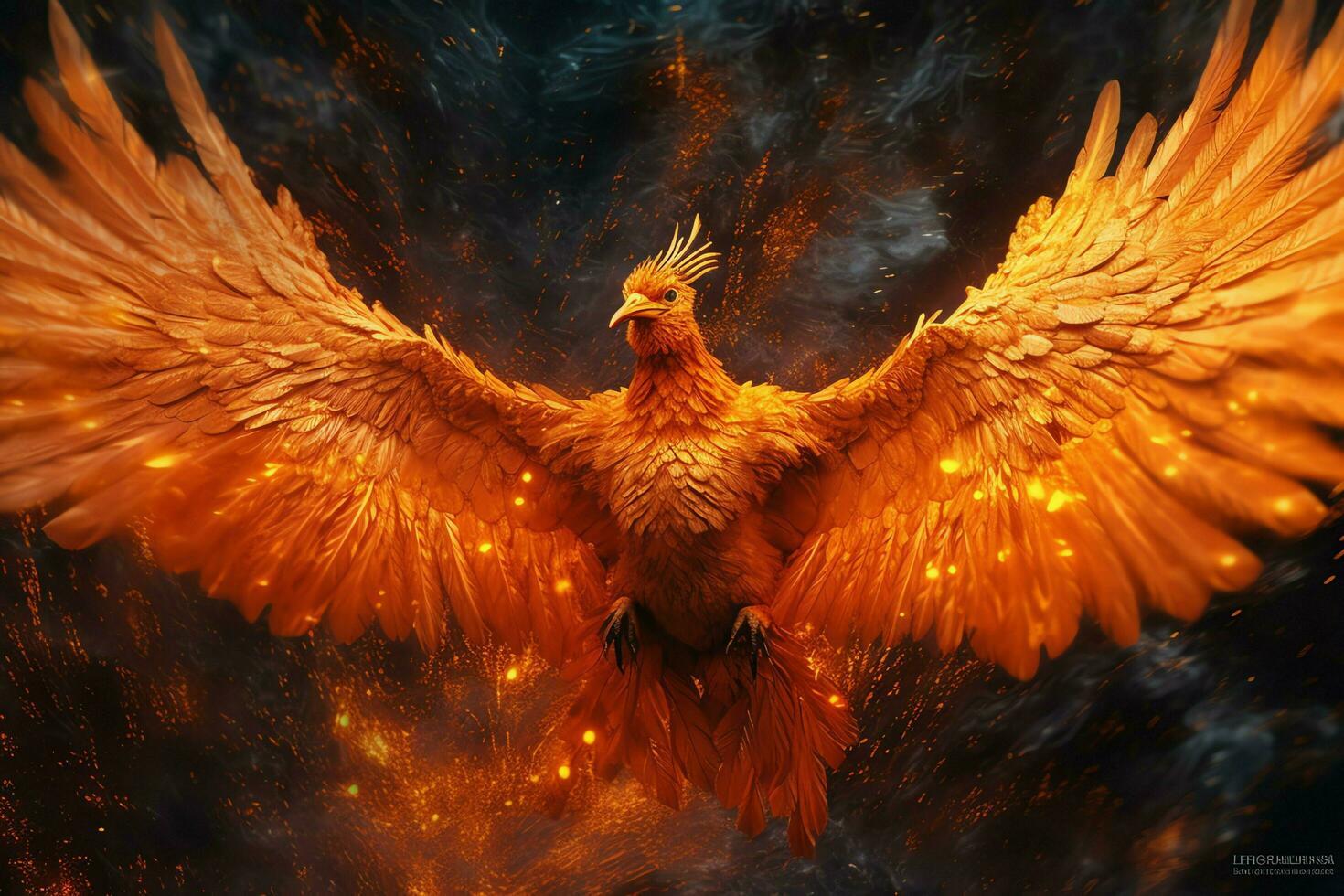 Phoenix bird with outstretched wings rising burning in flames. Epic phoenix bird fire rebirth power concept by AI Generated photo