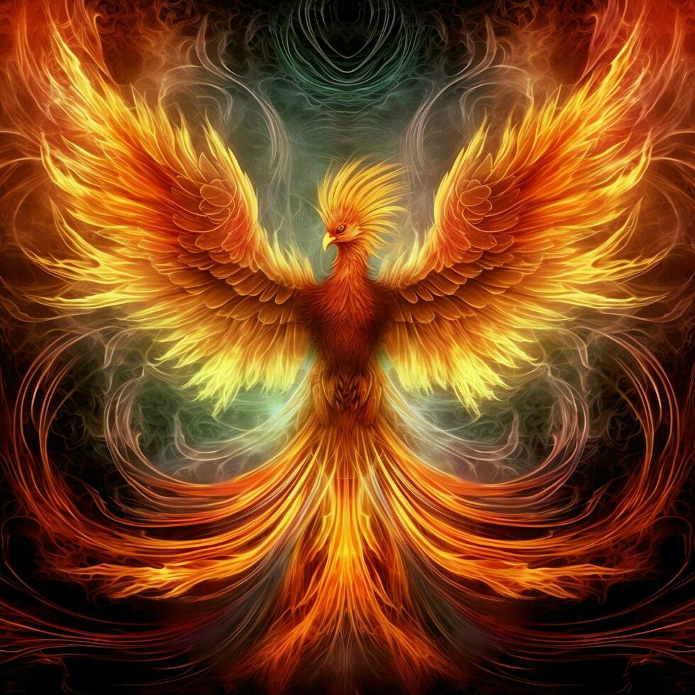 Phoenix bird with outstretched wings rising burning in flames. Epic phoenix bird fire rebirth power concept by AI Generated photo