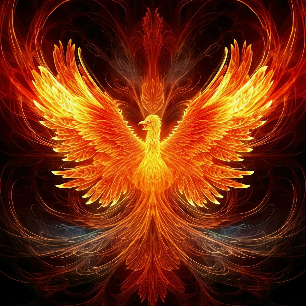 Phoenix bird with outstretched wings rising burning in flames. Epic phoenix bird fire rebirth power concept by AI Generated photo