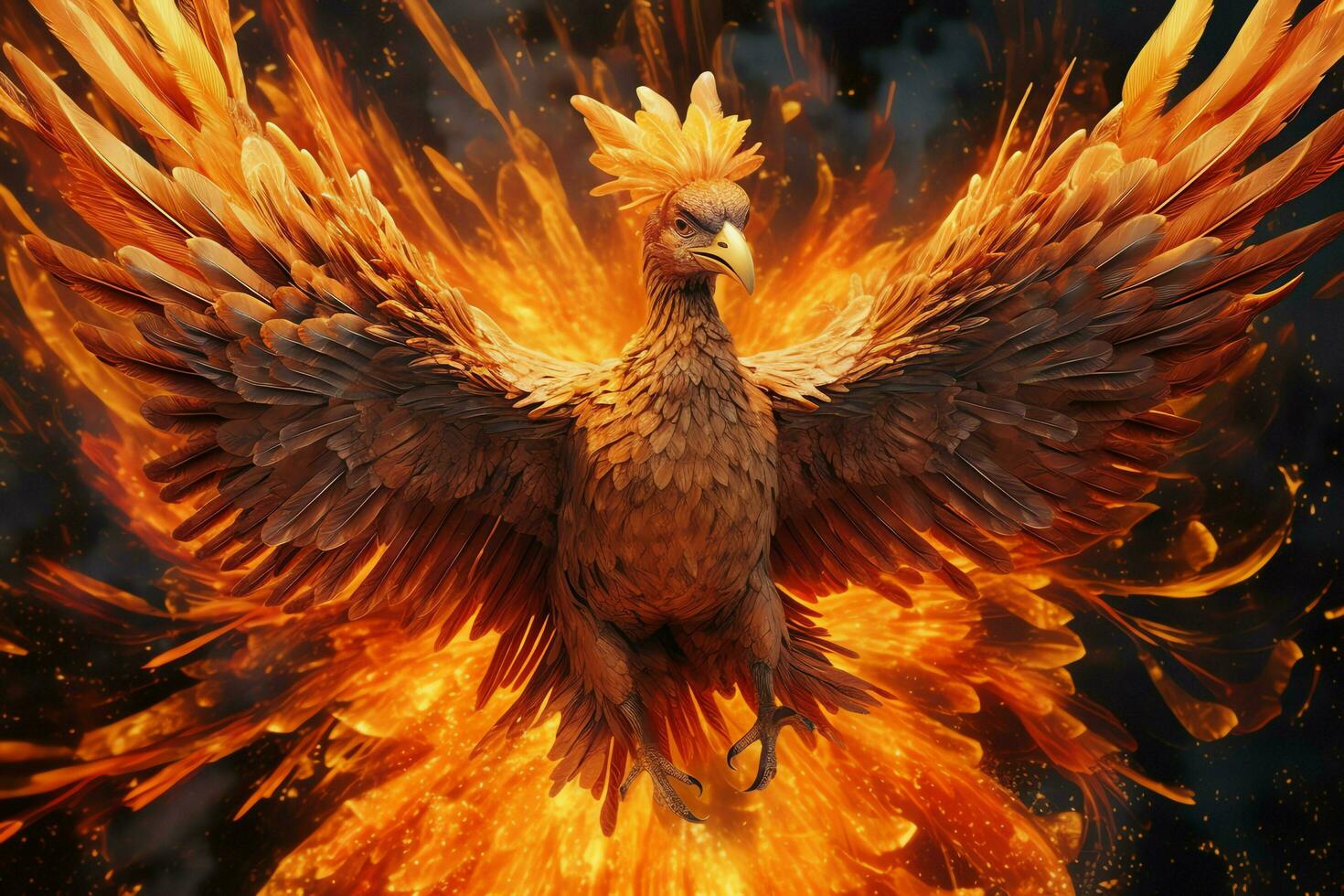 Phoenix bird with outstretched wings rising burning in flames. Epic phoenix bird fire rebirth power concept by AI Generated photo