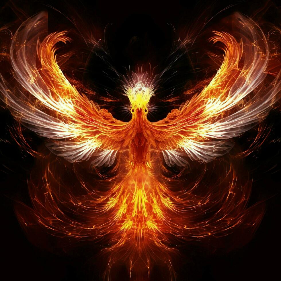 Phoenix bird with outstretched wings rising burning in flames. Epic phoenix bird fire rebirth power concept by AI Generated photo