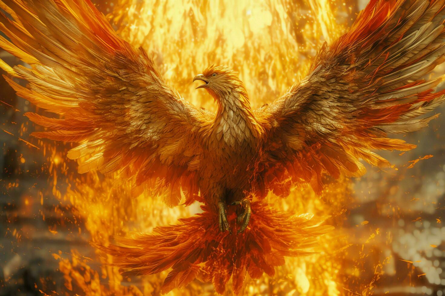 Phoenix bird with outstretched wings rising burning in flames. Epic phoenix bird fire rebirth power concept by AI Generated photo