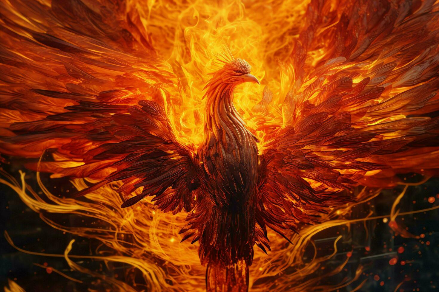 Phoenix bird with outstretched wings rising burning in flames. Epic phoenix bird fire rebirth power concept by AI Generated photo