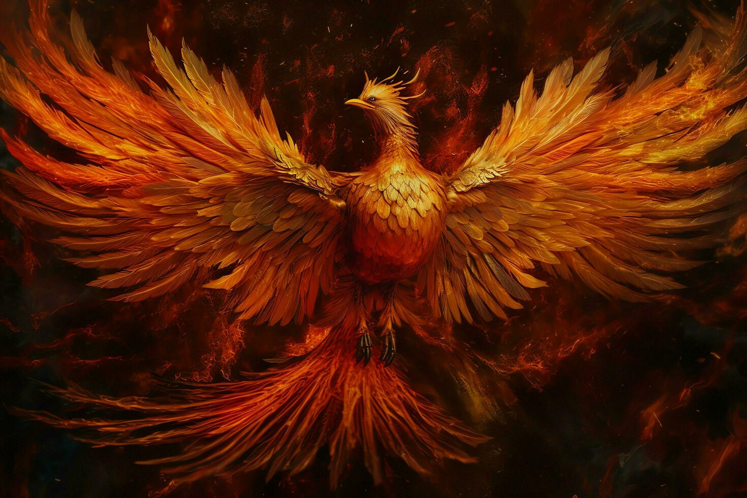 Phoenix bird with outstretched wings rising burning in flames. Epic phoenix bird fire rebirth power concept by AI Generated photo
