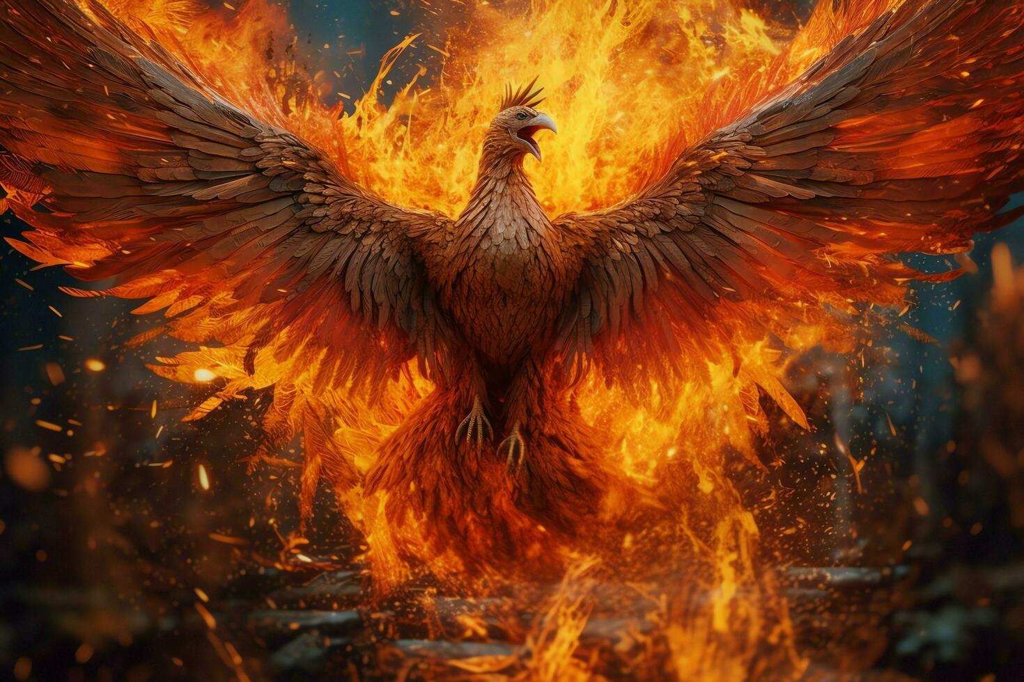 Phoenix bird with outstretched wings rising burning in flames. Epic phoenix bird fire rebirth power concept by AI Generated photo