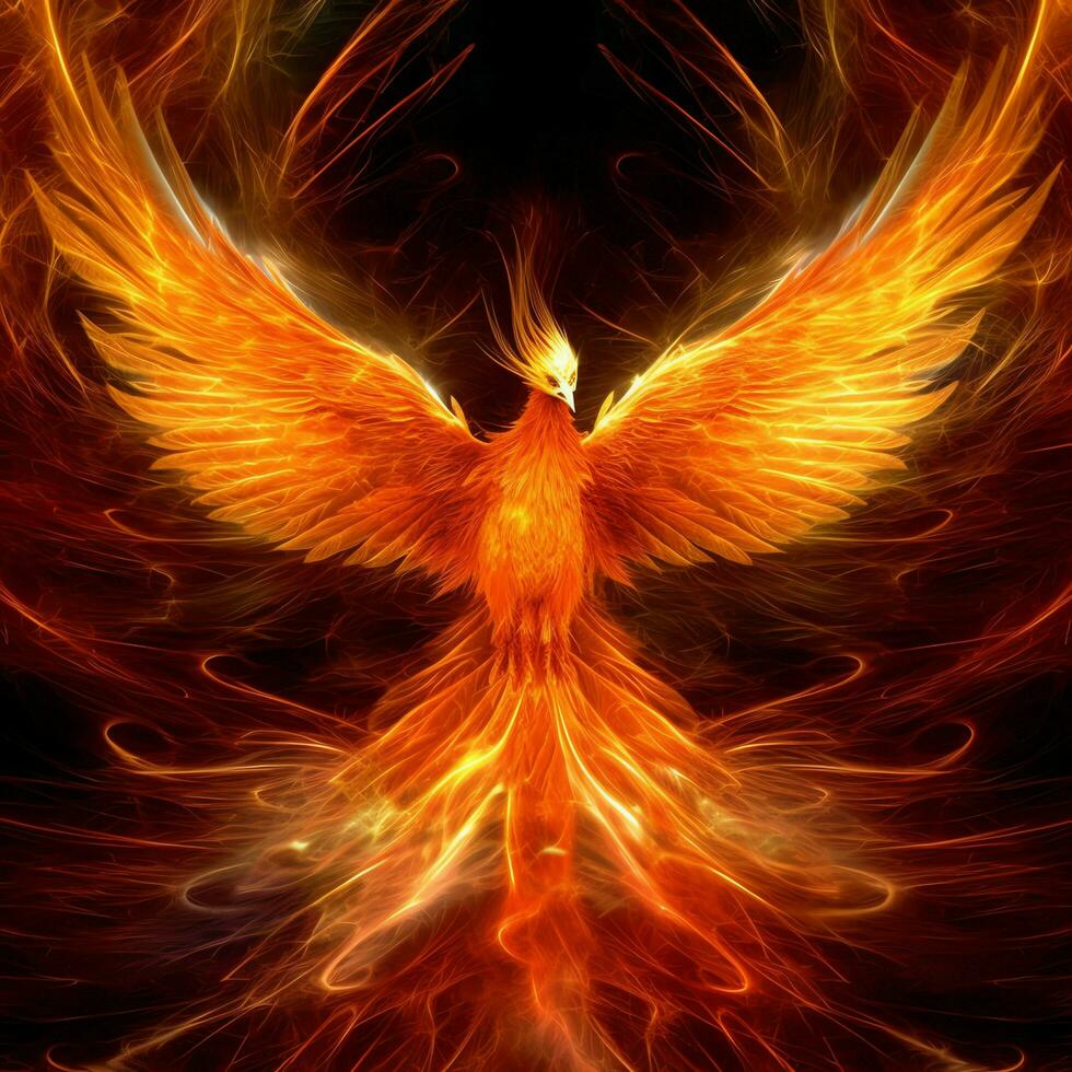 Phoenix bird with outstretched wings rising burning in flames. Epic phoenix bird fire rebirth power concept by AI Generated photo