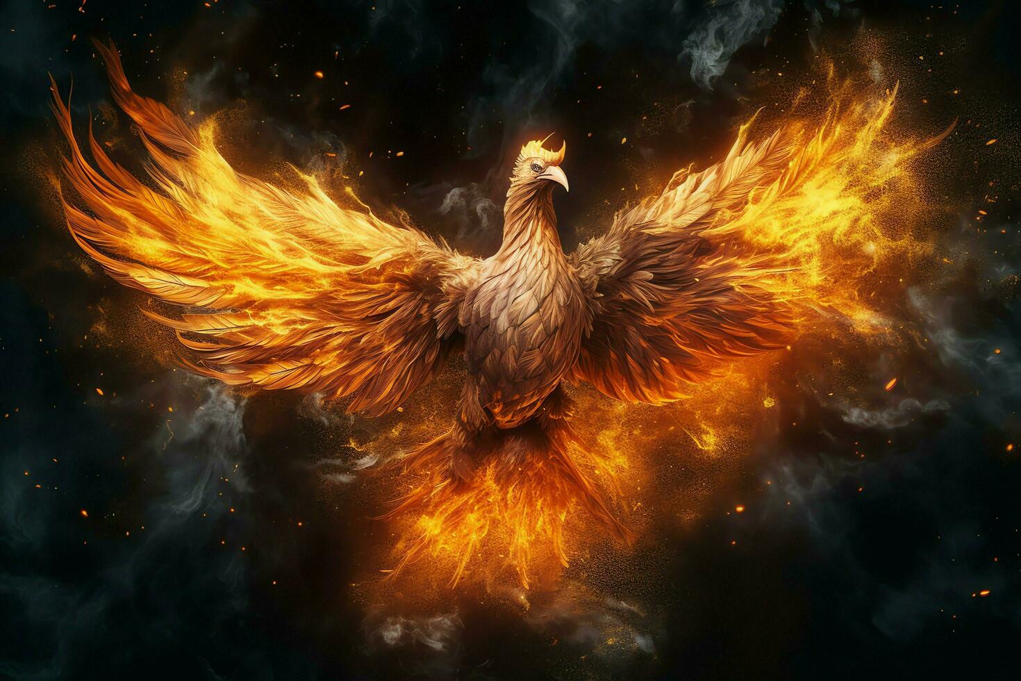 Phoenix bird with outstretched wings rising burning in flames. Epic phoenix bird fire rebirth power concept by AI Generated photo