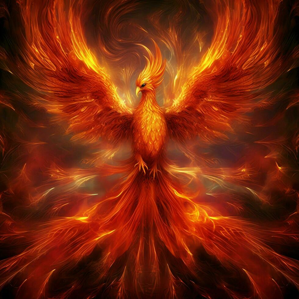 Phoenix bird with outstretched wings rising burning in flames. Epic phoenix bird fire rebirth power concept by AI Generated photo