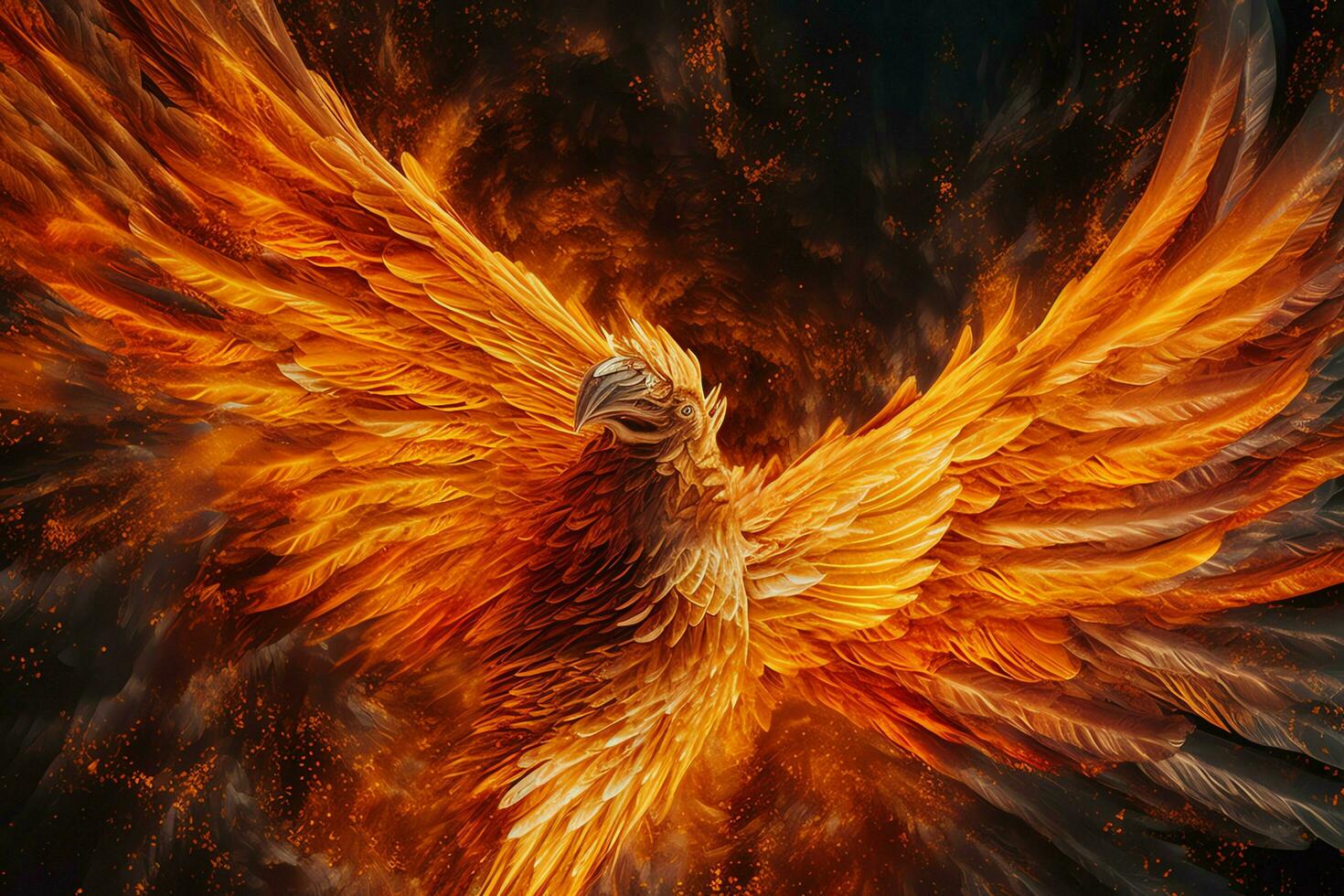 Phoenix bird with outstretched wings rising burning in flames. Epic phoenix bird fire rebirth power concept by AI Generated photo