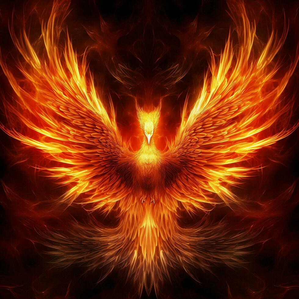Phoenix bird with outstretched wings rising burning in flames. Epic phoenix bird fire rebirth power concept by AI Generated photo
