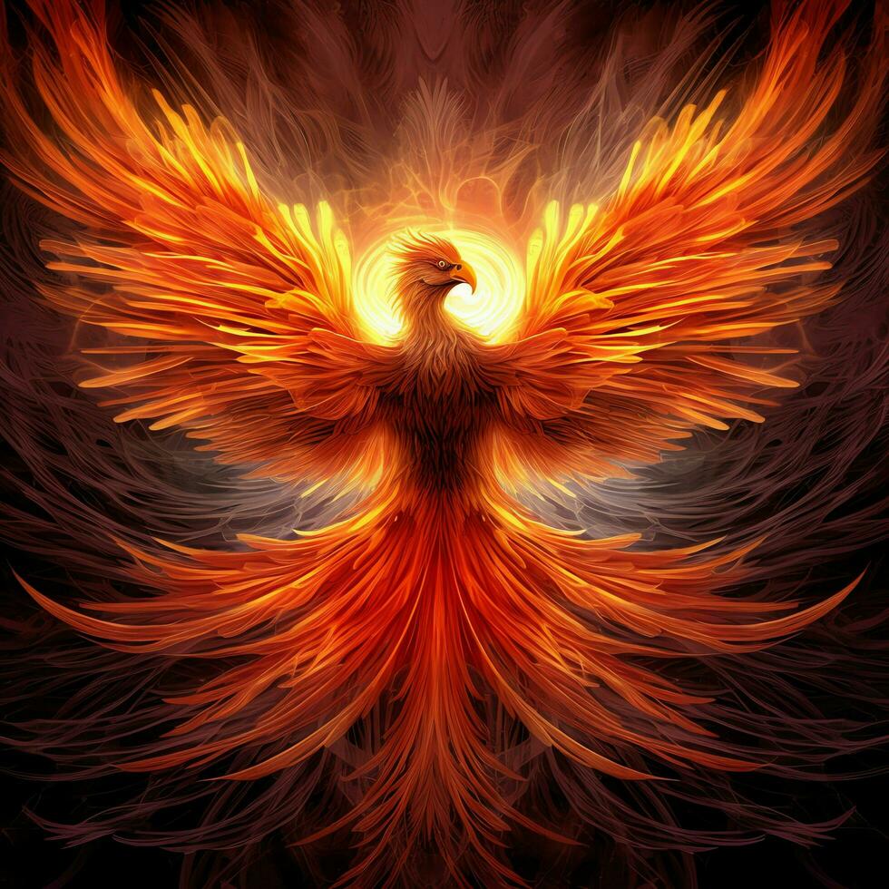 Phoenix bird with outstretched wings rising burning in flames. Epic phoenix bird fire rebirth power concept by AI Generated photo