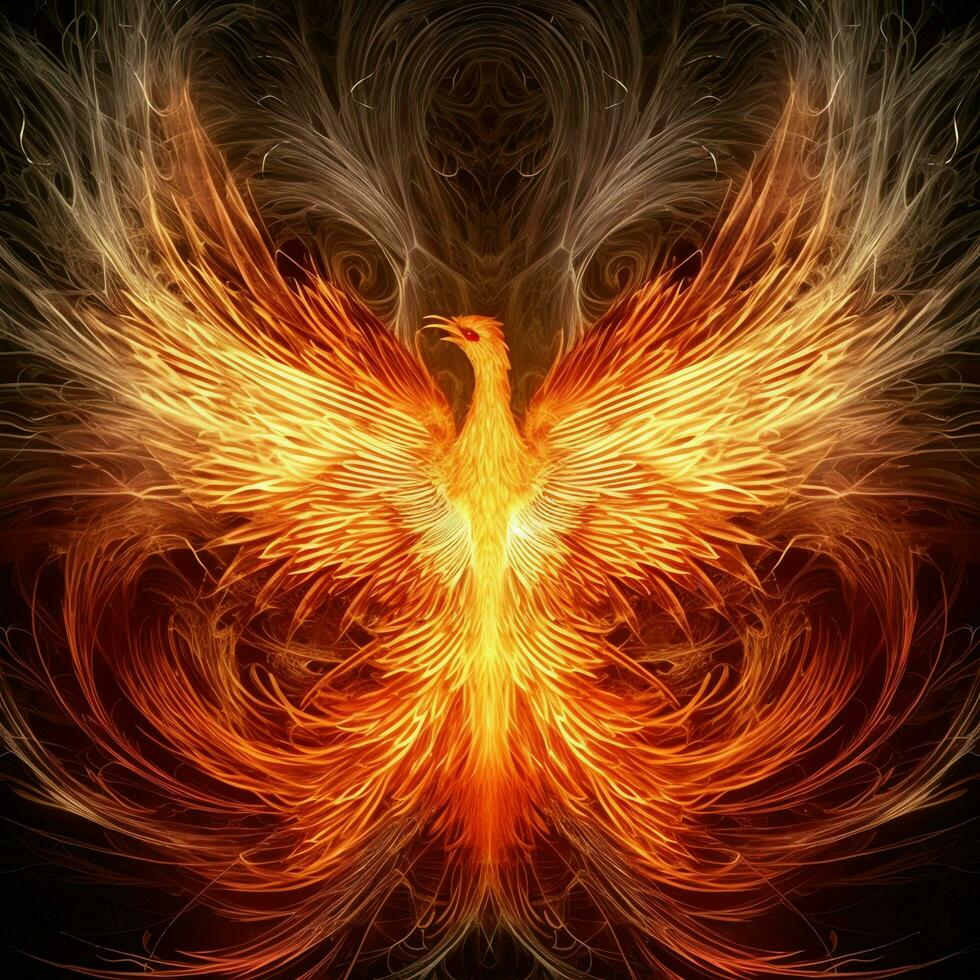 Phoenix bird with outstretched wings rising burning in flames. Epic phoenix bird fire rebirth power concept by AI Generated photo