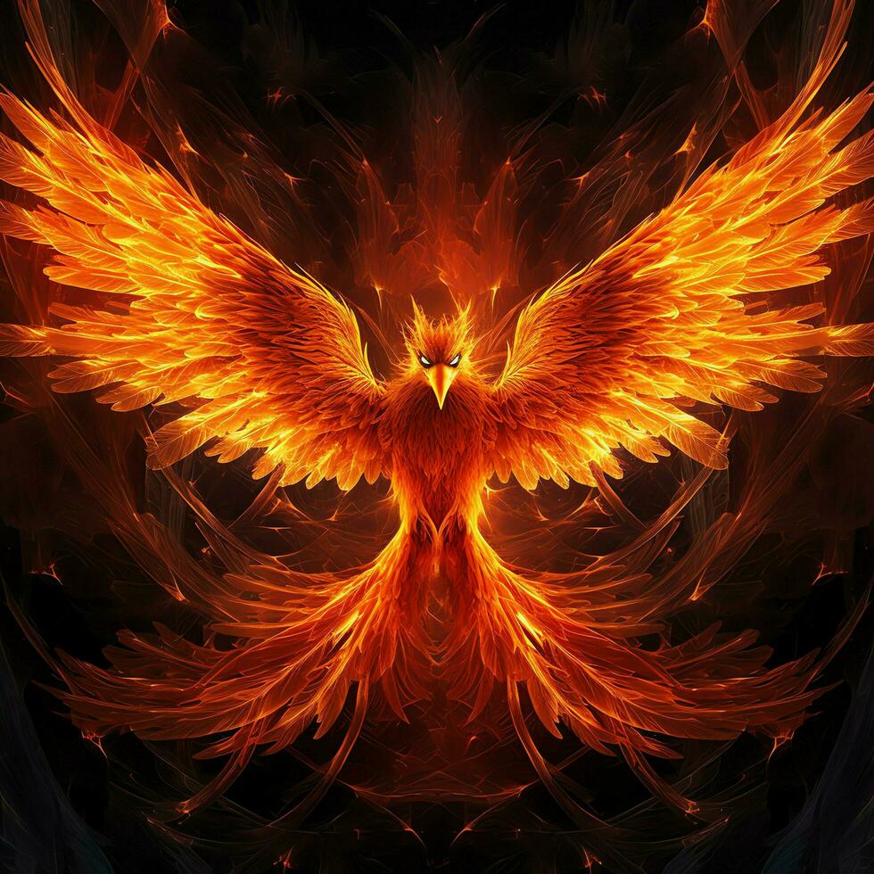 Phoenix bird with outstretched wings rising burning in flames. Epic phoenix bird fire rebirth power concept by AI Generated photo