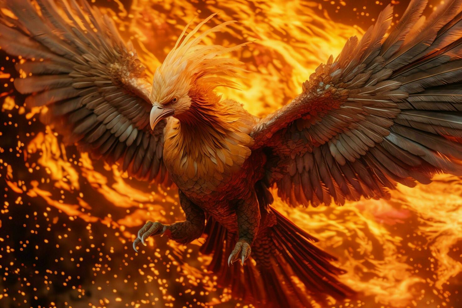 Phoenix bird with outstretched wings rising burning in flames. Epic phoenix bird fire rebirth power concept by AI Generated photo